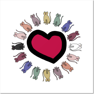 Circle of Balanced Rainbow Cats Around Valentine Heart Posters and Art